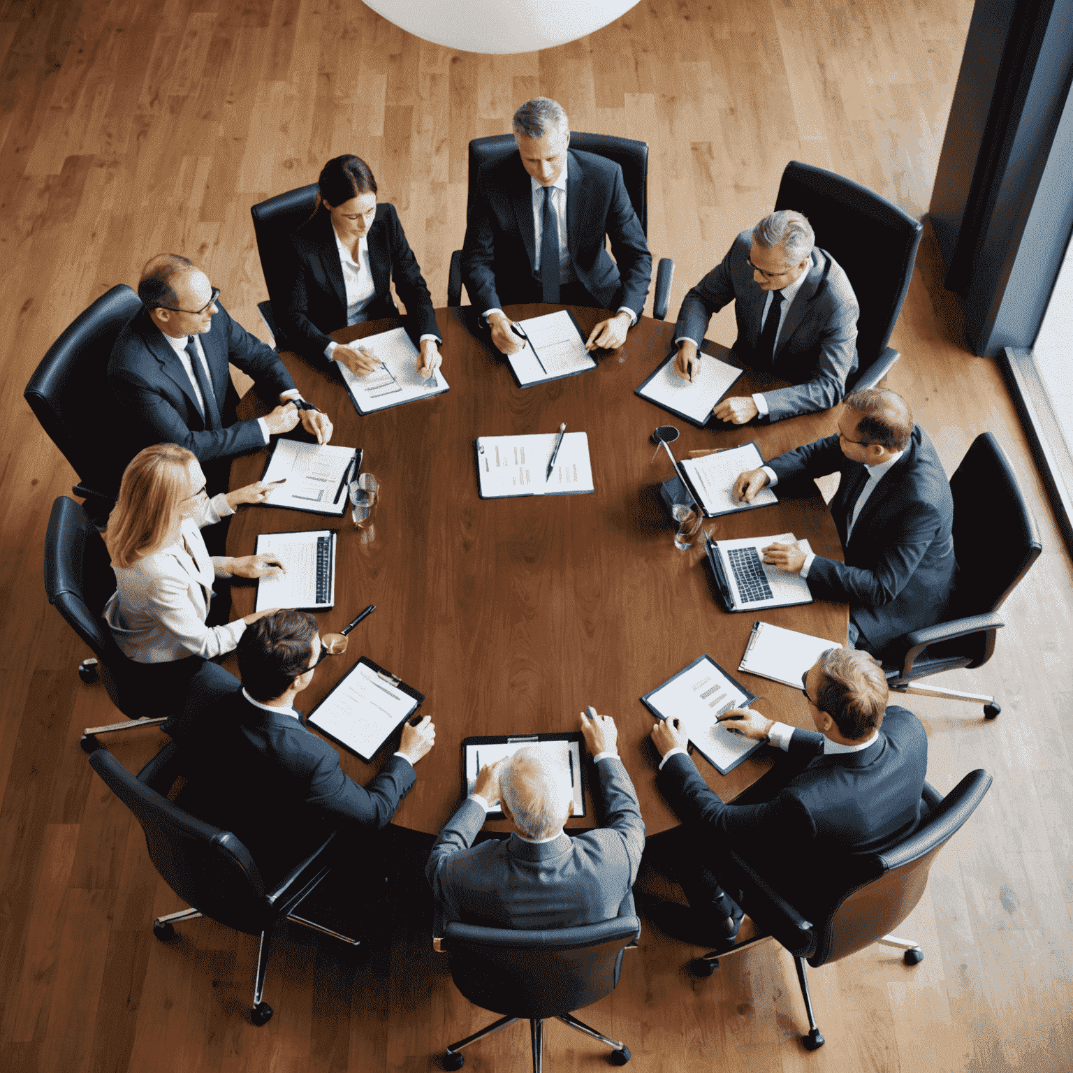 A team of professional consultants discussing business strategy around a conference table