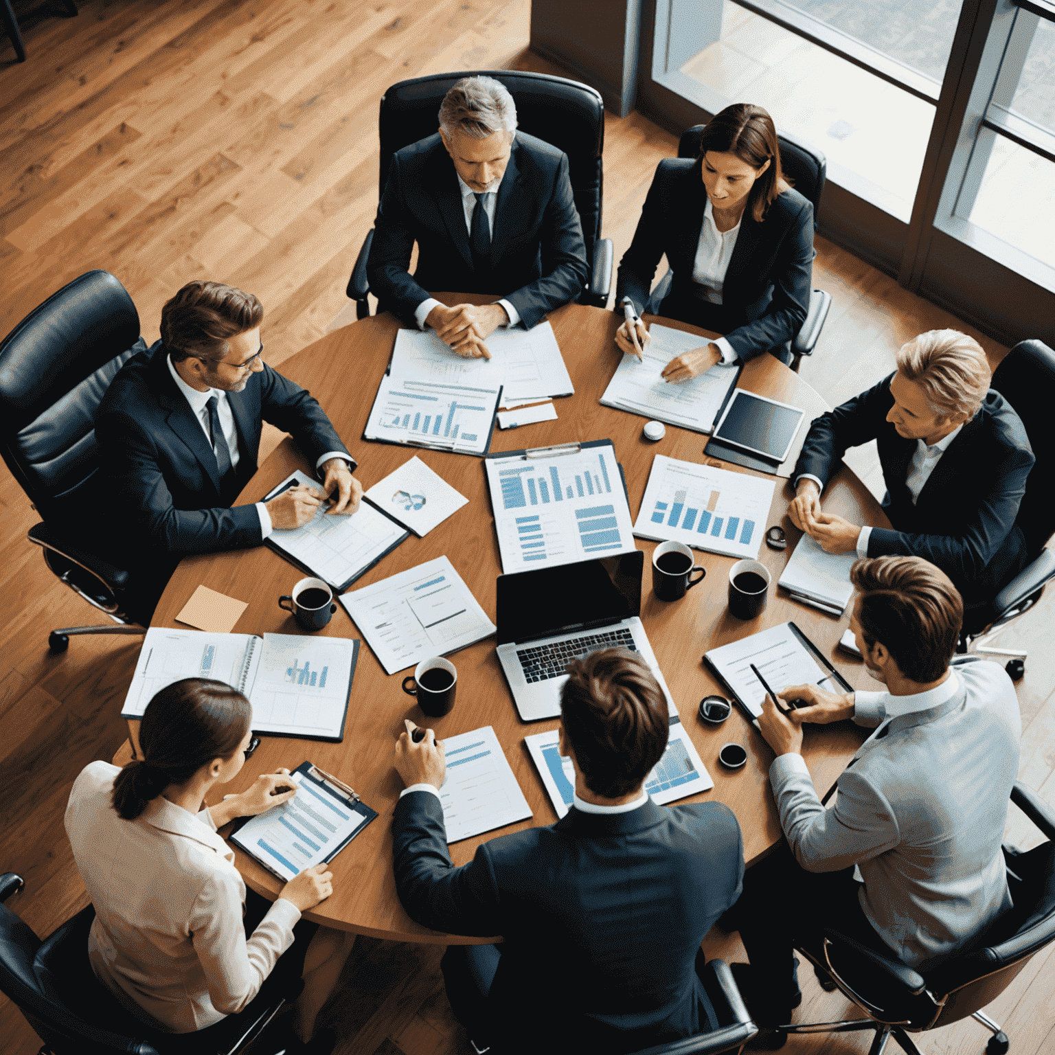 A group of business professionals gathered around a conference table, discussing strategic plans and goals for their organization.