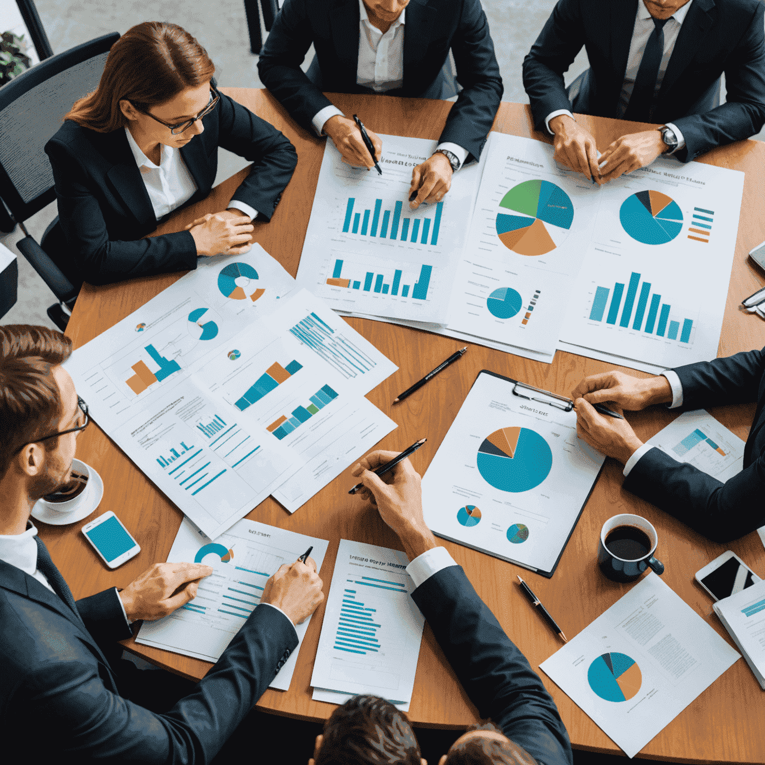 Business team discussing strategic planning around a conference table with financial reports and charts