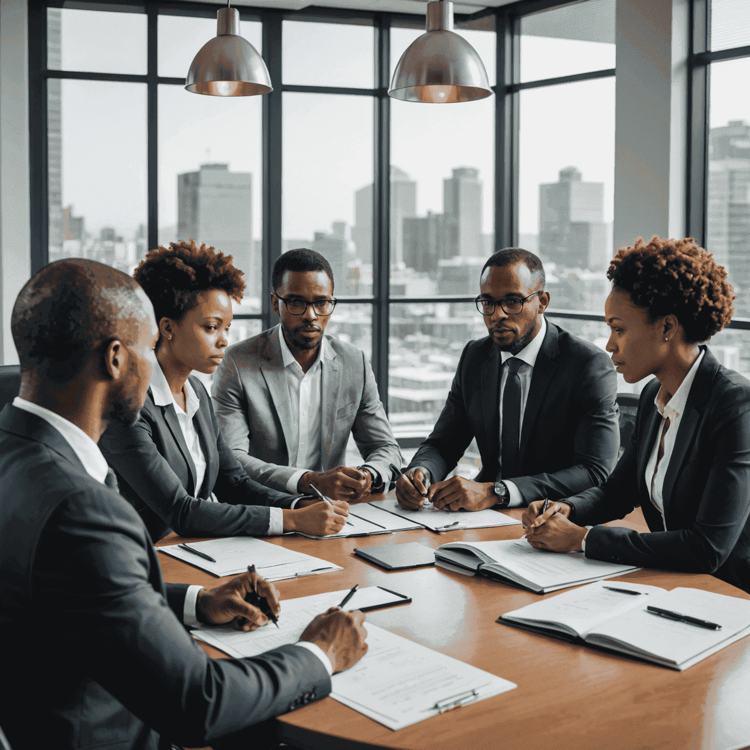 South African business professionals discussing financial strategies in a meeting room