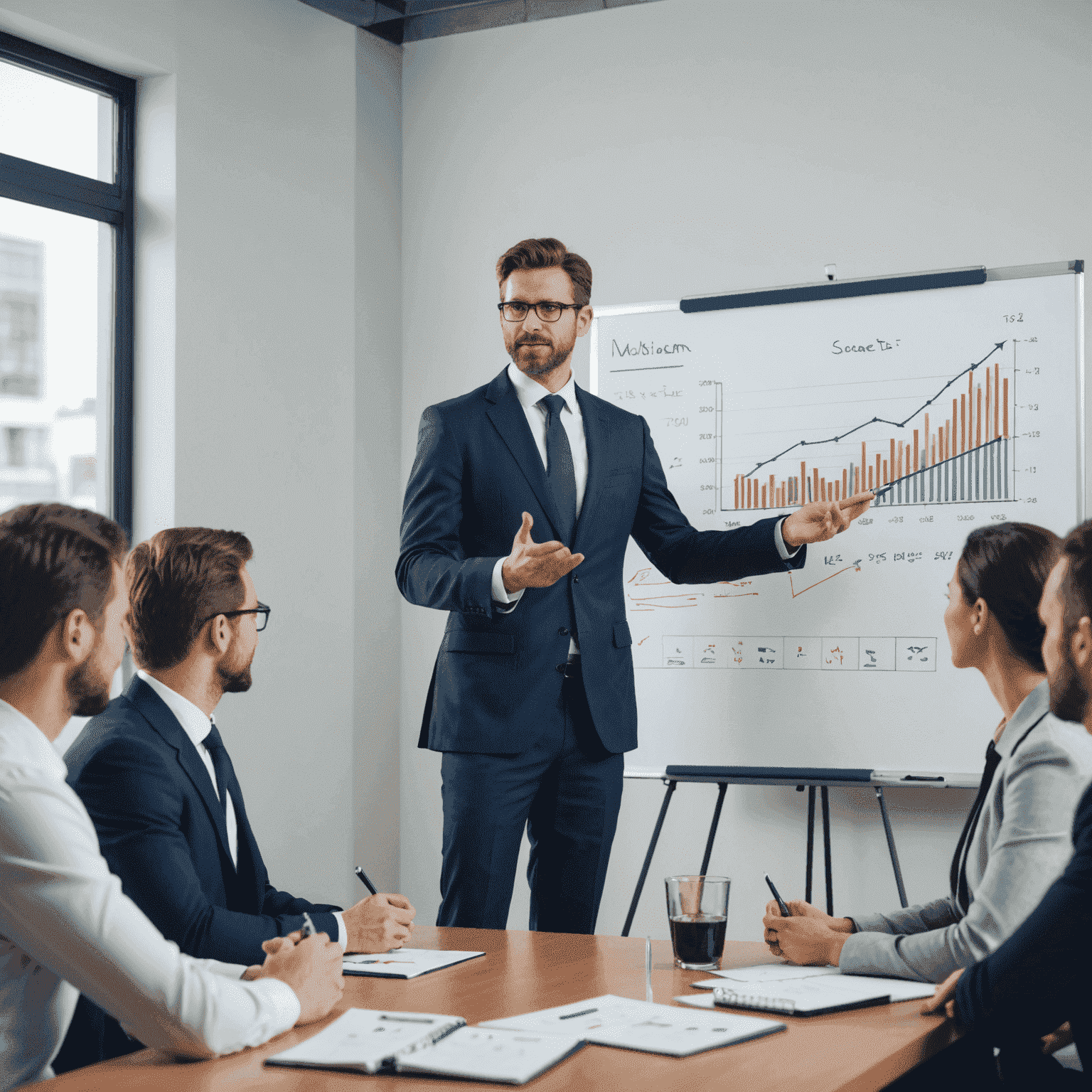 A confident business leader standing in front of a team, guiding them through a strategy meeting with a whiteboard showing graphs and charts indicating change and growth