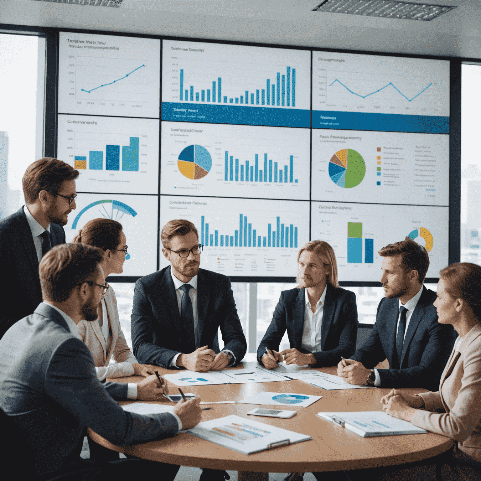 Group of management consultants in a meeting room discussing business strategy, with charts and graphs on a screen behind them