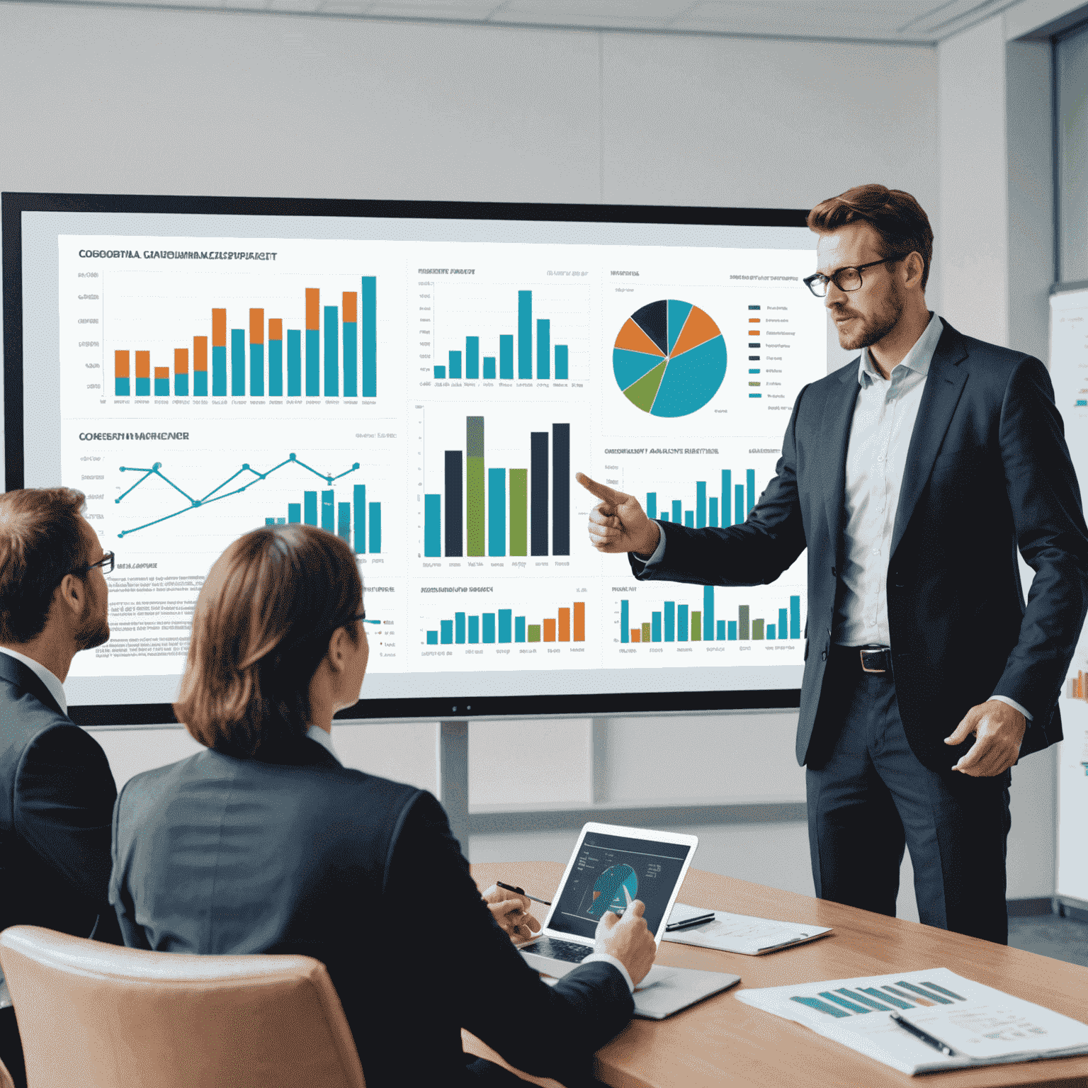 A management consultant presenting a financial analysis to a group of executives, with charts and graphs on a screen