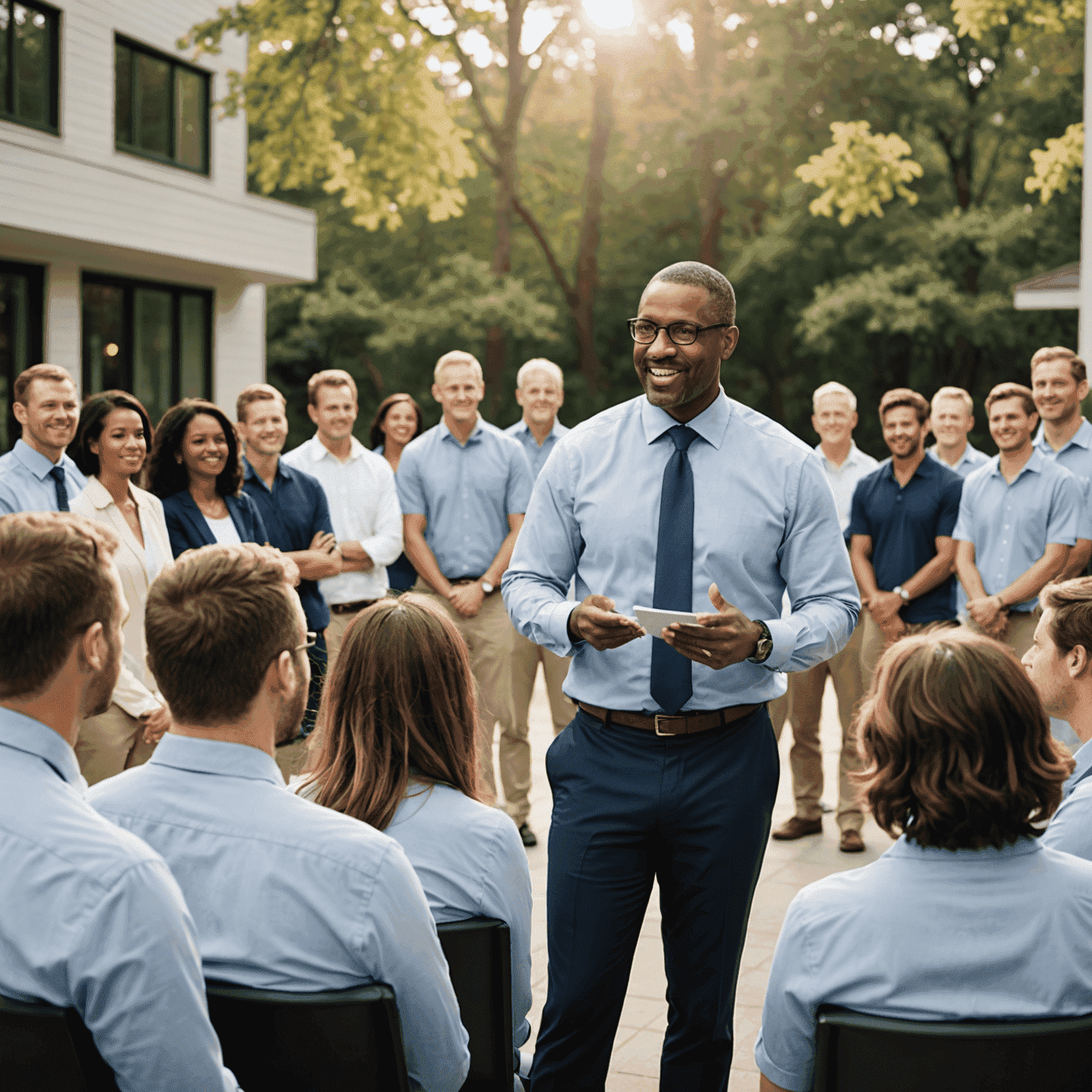 A confident and inspiring leader addressing their team, guiding them through times of change and uncertainty.