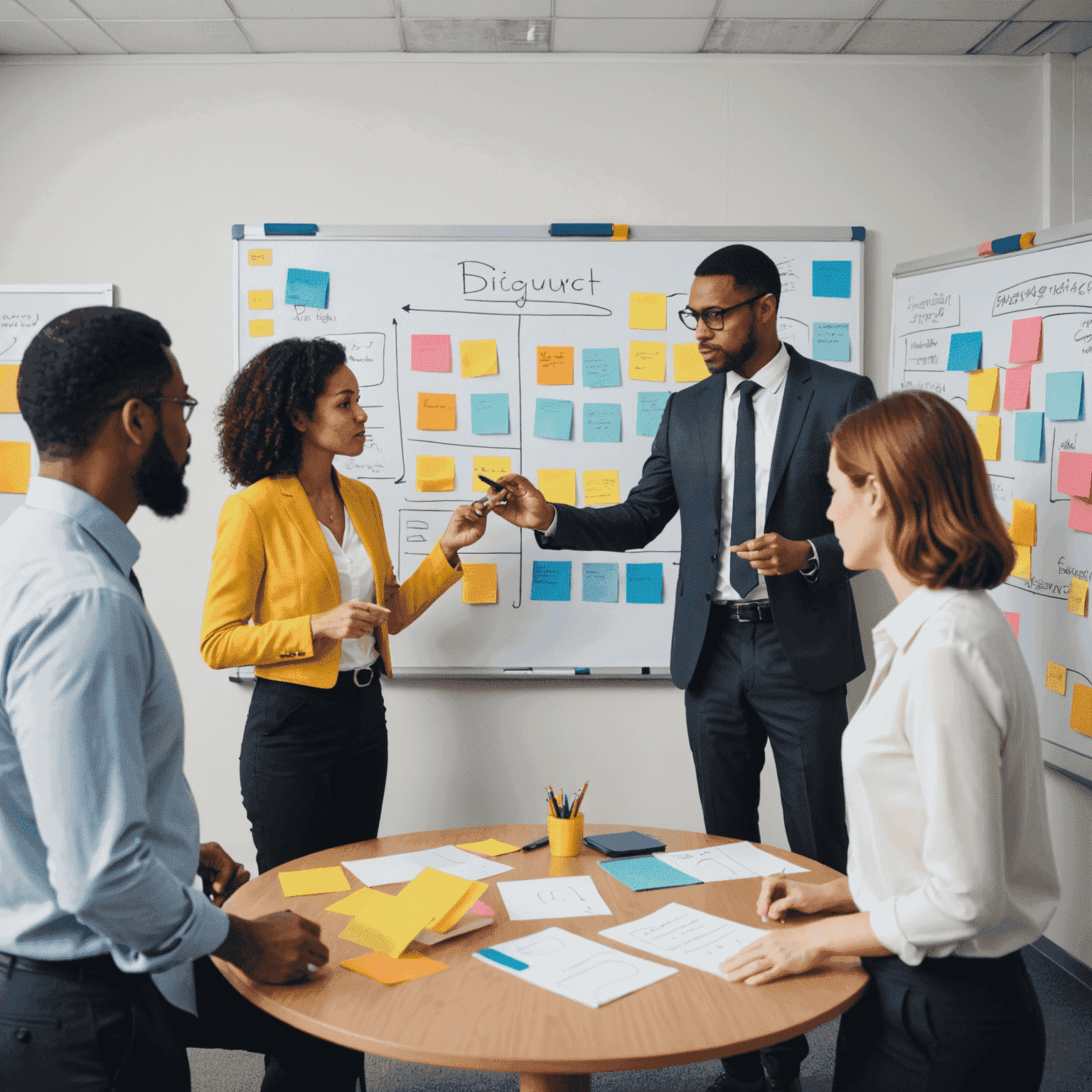 A diverse group of management consultants brainstorming ideas on a whiteboard, with post-it notes and diagrams