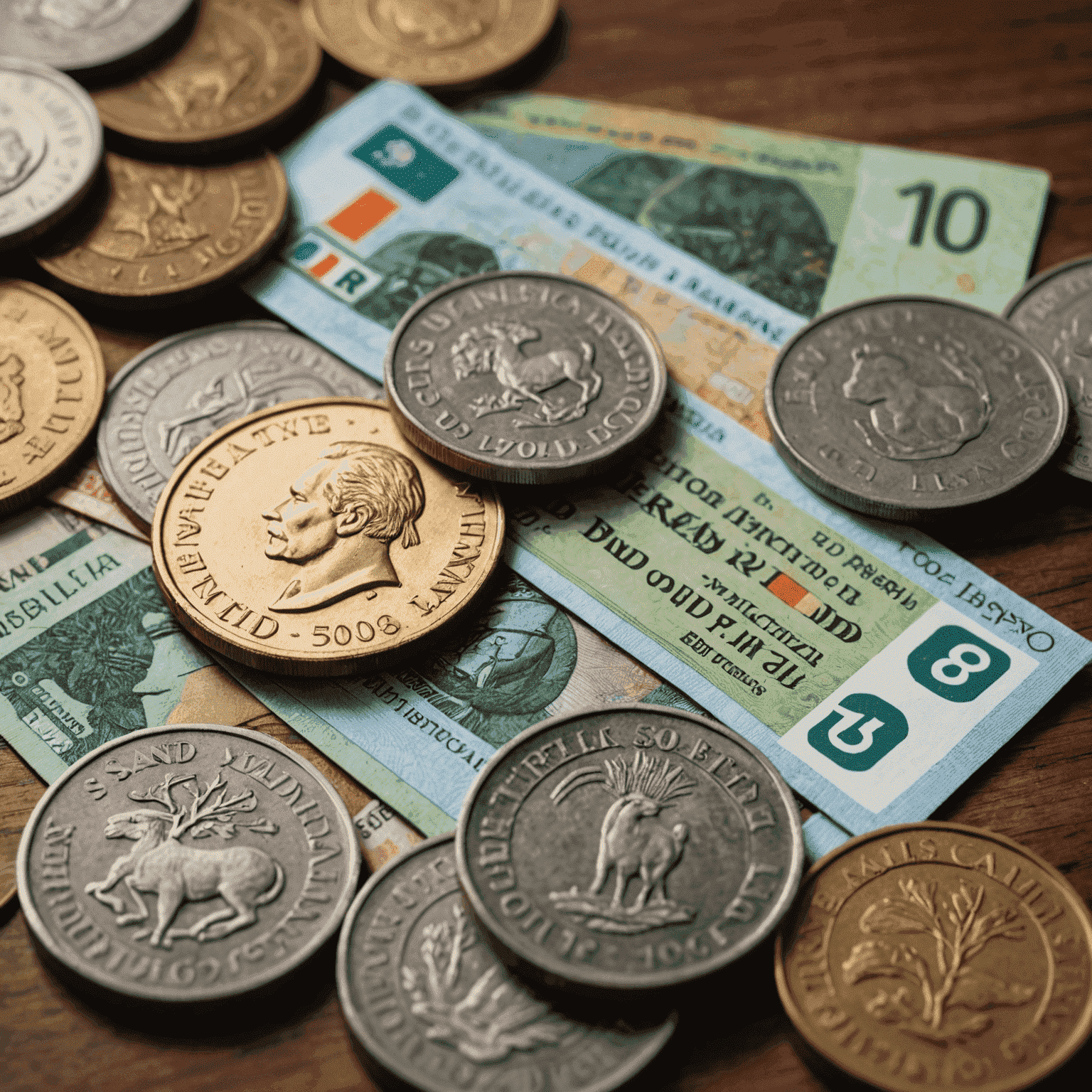 South African Rand banknotes and coins representing financial challenges