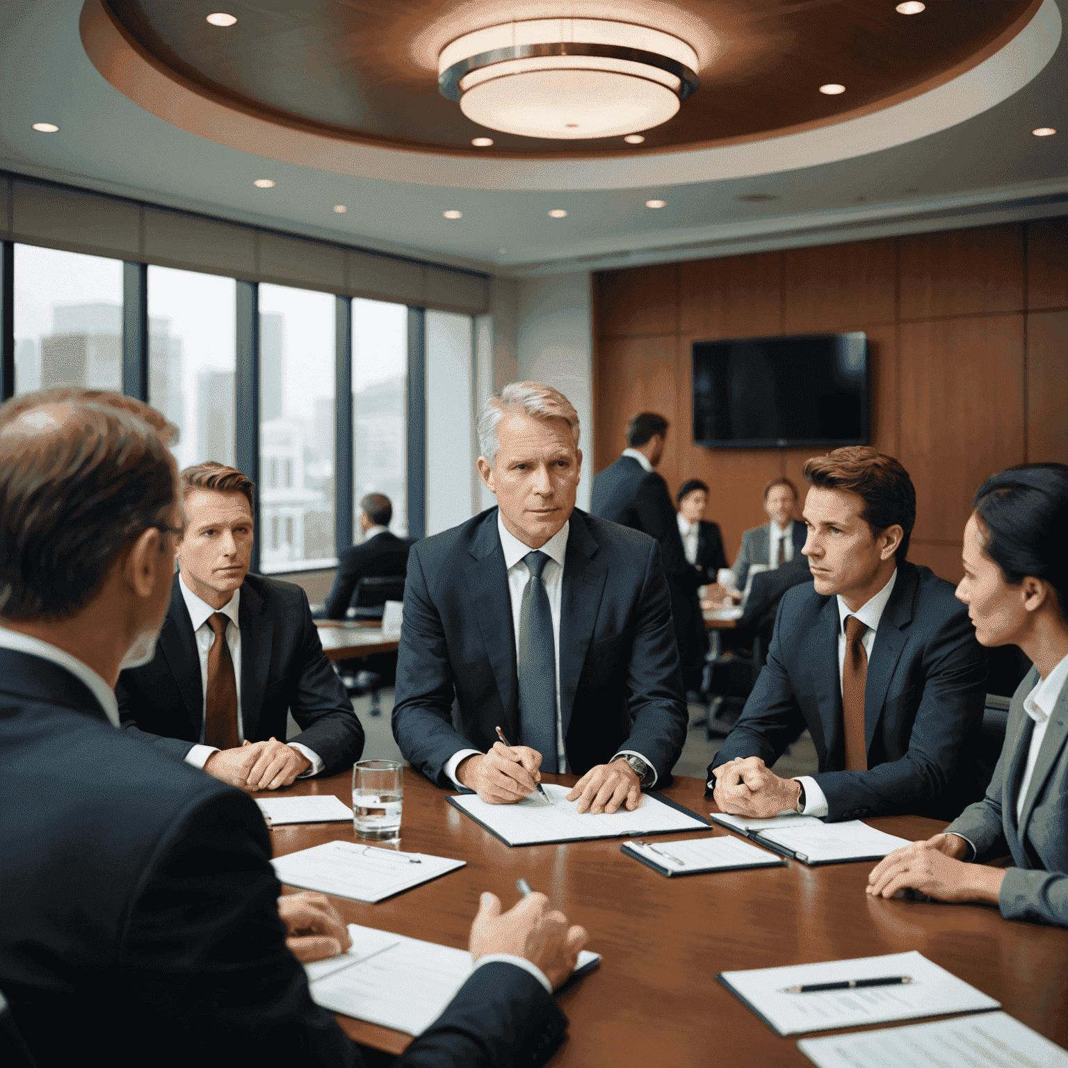 A management consultant presenting insights and strategies to a group of business executives in a boardroom setting.